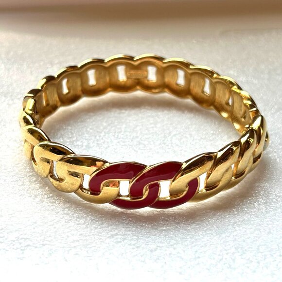 Vintage Monet Fixed Chain Link Bracelet With Red Enamel Accents Signed - Picture 6 of 8